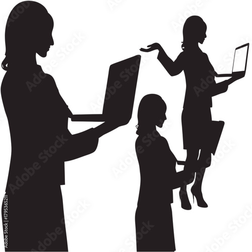 Three black silhouettes of professional women in business attire holding open laptop computers.