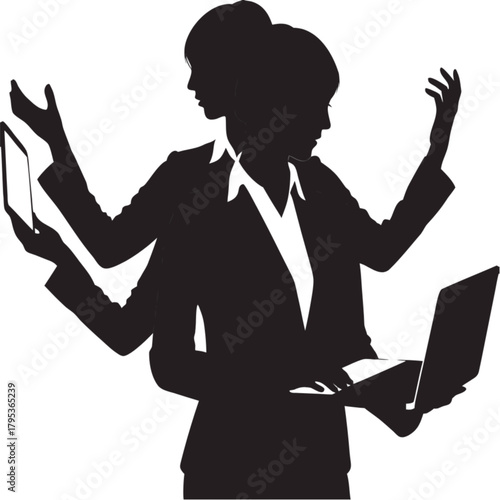 Silhouette of a multi-armed, two-headed businesswoman multitasking with a laptop and tablet.