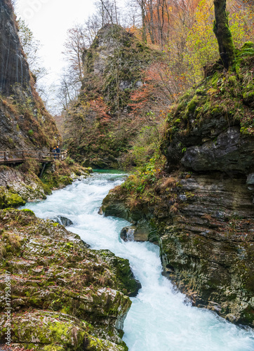 The Radovna River creative  impressive landscapes of Vintgar gorge in Triglav National Park in Slovenia.