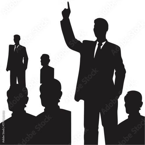 A dynamic silhouette of a male leader in a suit, pointing his finger up while addressing a group.