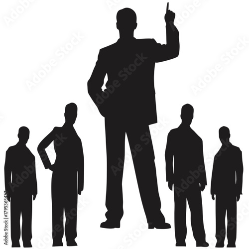 A dominant business leader silhouette pointing upwards, leading a team of four smaller figures.
