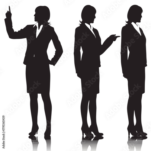 Set of three black silhouettes of a businesswoman in a suit, gesturing and pointing.