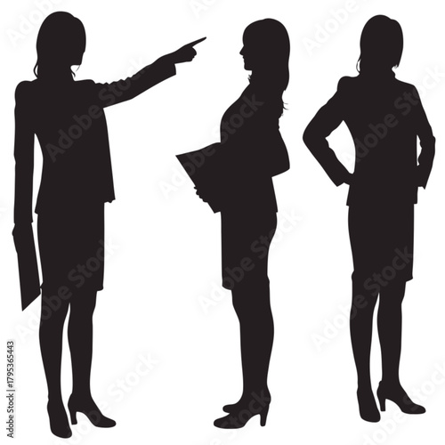 Set of three black silhouettes of a businesswoman in professional attire and poses.