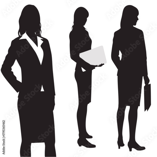 Set of three professional businesswomen silhouettes in formal suits, holding a folder and briefcase.