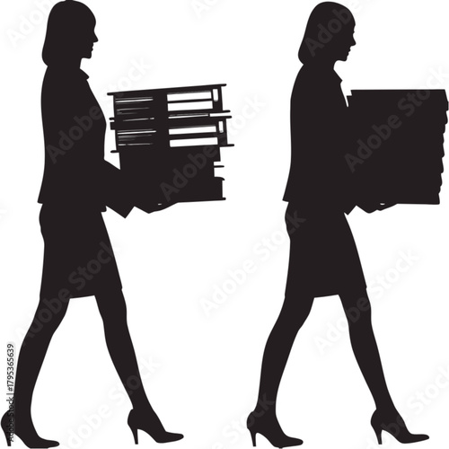 Two black silhouettes of a professional businesswoman walking while carrying a large, heavy stack of documents and files.
