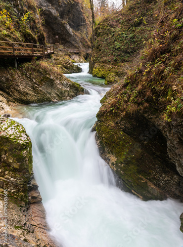 The Radovna River creative  impressive landscapes of Vintgar gorge in Triglav National Park in Slovenia.
