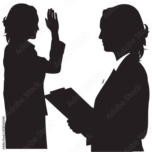 Two professional women in silhouette, one swearing an oath with a raised hand while the other holds documents.
