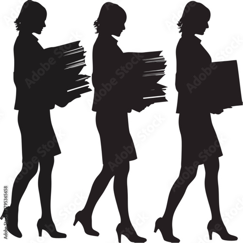 Silhouette sequence of a professional woman walking, carrying a heavy workload of messy papers and a box.