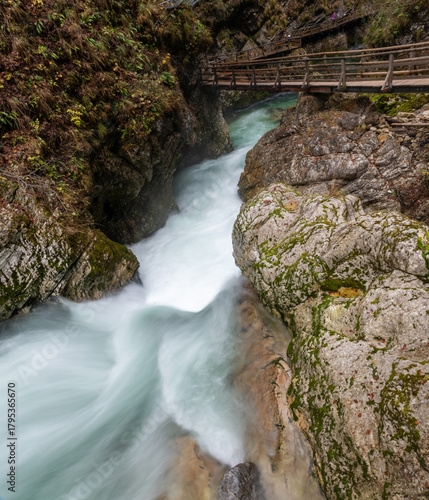 The Radovna River creative  impressive landscapes of Vintgar gorge in Triglav National Park in Slovenia.