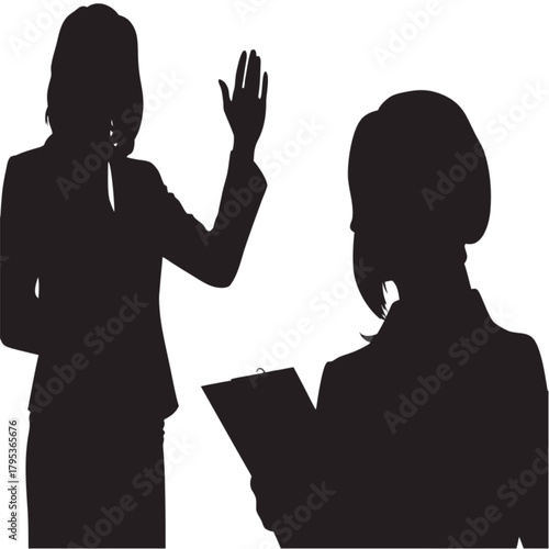 Black silhouette of a woman with a raised hand taking an oath before another person holding a clipboard.