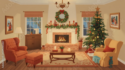 This AI-generated image shows a warm and festive Christmas living room decorated with a glowing fireplace, a beautifully adorned Christmas tree, and coordinated holiday décor that creates a cozy and e