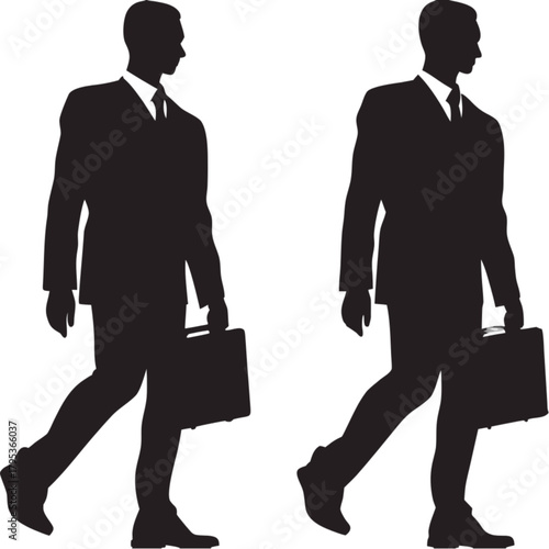 Two identical black silhouettes of a businessman in a formal suit, walking purposefully while carrying a briefcase.