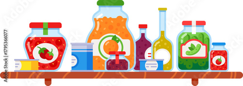 Pantry shelf with various preserved food jars and bottles