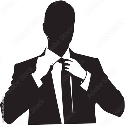 A graphic black and white silhouette of an anonymous man in a formal suit adjusting his tie.
