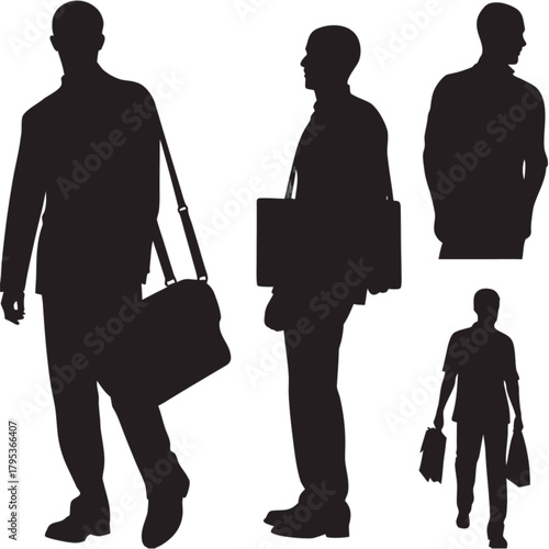 A collection of four black vector silhouettes of businessmen walking and standing with briefcases and bags.