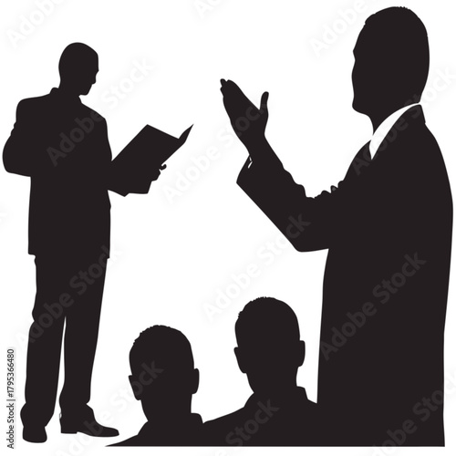 Black silhouettes of businessmen presenting and speaking, with one man reading from a folder and an audience listening.