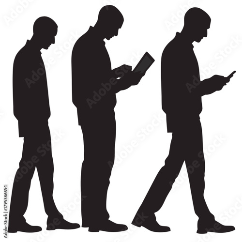 A silhouette showing the negative evolution of man, hunched over a smartphone and tablet, representing modern devolution.