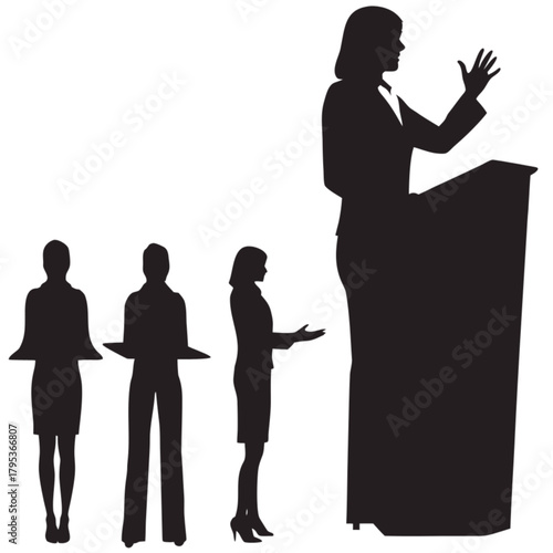 Set of black silhouettes of professional businesswomen giving a speech at a podium, presenting, and serving.