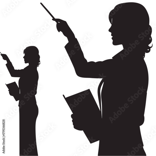 Black silhouette of a female teacher in profile, pointing with a stick while holding a book.