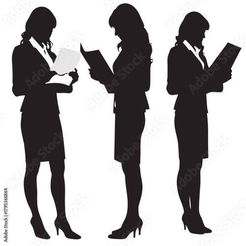 Three black silhouettes of a professional businesswoman standing and reading documents from a folder.