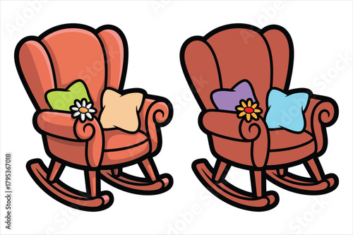 Two cartoon rocking chairs with decorative pillows and flowers Vector, illustration