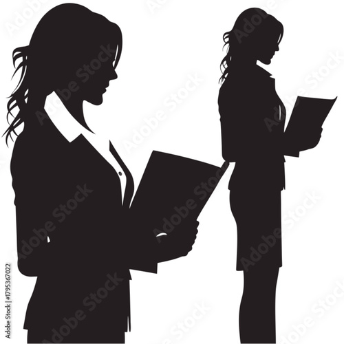Professional businesswoman silhouette in a suit, standing and attentively reading a document from a folder.