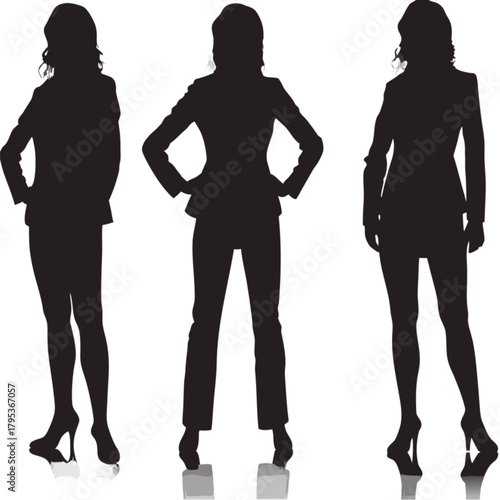 Set of three black silhouettes of a professional businesswoman in confident poses, wearing a blazer, pants, and skirt.