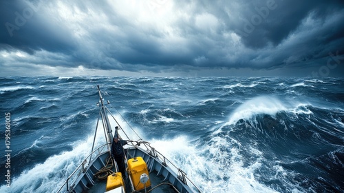 A fishing boat battles rough waves in a stormy sea as dark clouds gather above during twilight, highlighting nature's turmoil