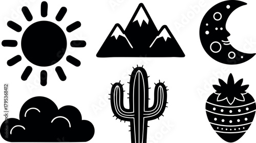 Black silhouette sun mountain moon cloud cactus strawberry vector icons set for design and decoration