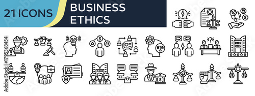 Collection of Business Ethics icons, related to Legal System, Awareness, Behavior, Social justice, Moral principles and more. Outline icons vector illustation.