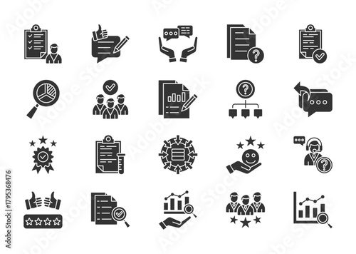 Survey thin glyph icon set. Containing feedback, opinion, questionnaire, poll, research, participant, results, inquiry, response, quality. Vector illustration