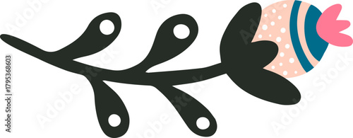 Stylized plant element with decorative leaves and flower bud