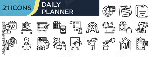 Collection of Daily Planner icons, related to Daily Routine, Sticky Note, Homework, Activity Tracker, Action List and more. Outline icons vector illustation.