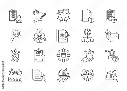 Survey thin line icon set. Containing feedback, opinion, questionnaire, poll, research, participant, results, inquiry, response, quality. Vector illustration