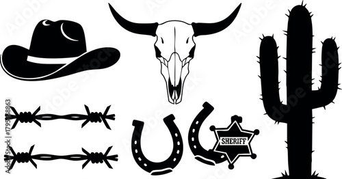 Western cowboy hat bull skull cactus sheriff badge and horseshoes vector set for wild west design