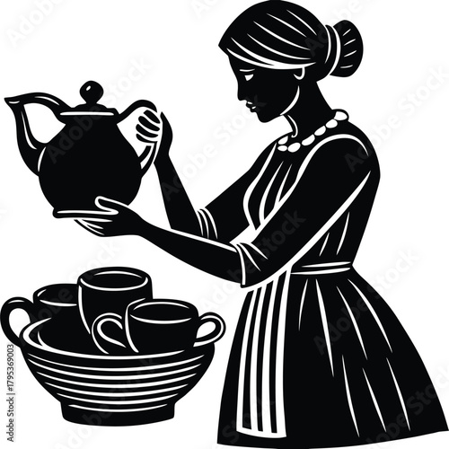 Woman with Tea Kettle and Cups Silhouette in Black and White Style on White Background