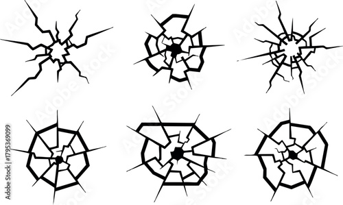 Broken glass crack vector set with various shattered patterns for design and illustration use