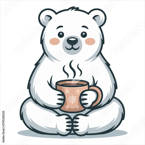 Cute polar bear sitting and holding a hot beverage in a mug Vector, illustration