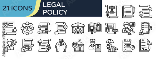 Collection of Legal Policy icons, related to Regulatory Compliance, Summary, Obligation, Permit, Civil Rights and more. Outline icons vector illustation.