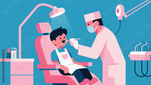 Illustration Of A Doctor Examining A Child's Teeth Vector Design Template