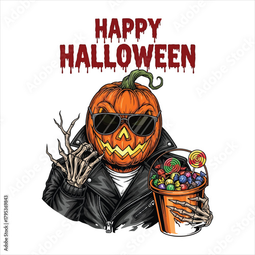 Cool punk pumpkin character with candy bucket on happy halloween Vector, illustration