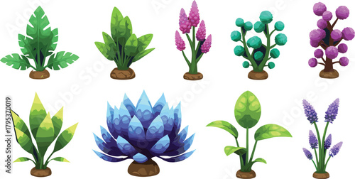 Fantasy cartoon plants collection with colorful leaves, stylized foliage, whimsical flora design for games, botany education, and digital art assets
