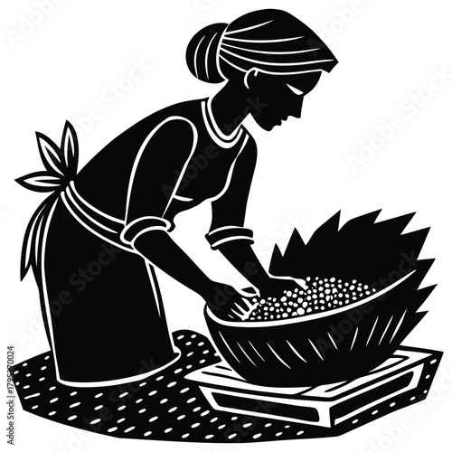 Woman Silhouette Washing Produce in a Basket, Black and White Illustration on White Background