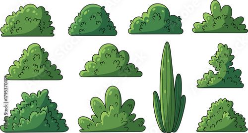 Cartoon green bushes and shrubs collection with playful foliage, stylized garden plants, nature elements for landscape design and educational use