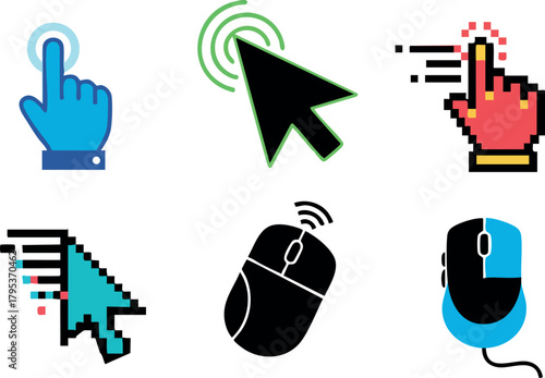 Computer mouse and cursor icons with clicking hand pointers for digital interface navigation and user interaction vector illustration