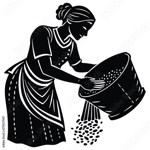 Woman Sifting Grains Silhouette Vector Art, Agricultural Harvest and Traditional Practices on White Background
