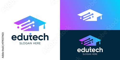 Creative modern education tech logo template. Graduation hat with technology symbol for  Study tech logo design vector illustration.
