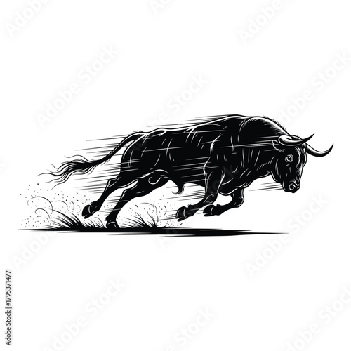 Powerful black bull charging forward with dynamic motion lines and kicked up dust, symbolizing strength, aggression, and unstoppable momentum for impactful designs.