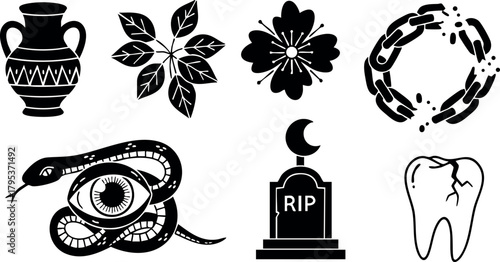 Ancient symbols vector set with snake, eye, flower, wreath, tombstone, tooth icons in black silhouette style