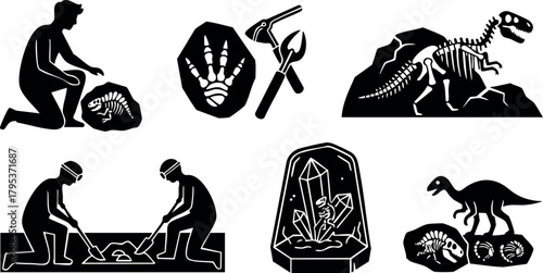 Dinosaur fossil excavation and paleontology tools vector collection with skeleton and mineral rock illustrations